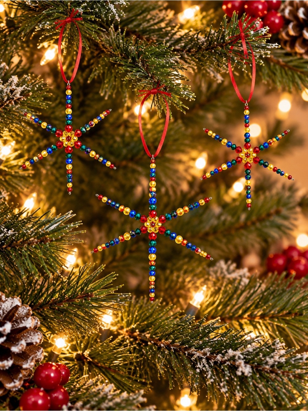 90s Style Handmade Multicolor Glass Beaded Snowflake Christmas Ornament Set of 3